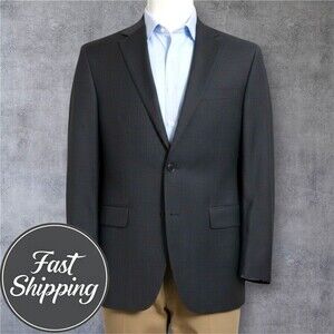 CALVIN KLEIN Men Blazer 46L Gray/Blue Wool Sport Coat 2-Button Jacket Windowpane